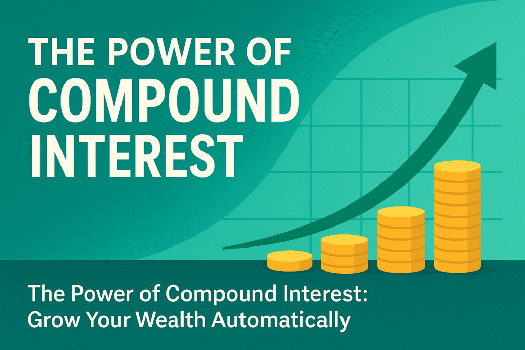 Compound interest exponential growth chart with stacks of coins illustrating how money grows automatically over time
